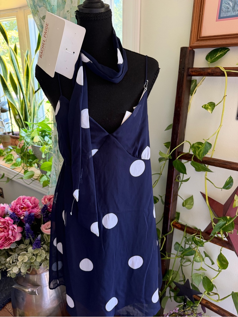 Chic Navy Polka Dot Mini Dress with Scarf